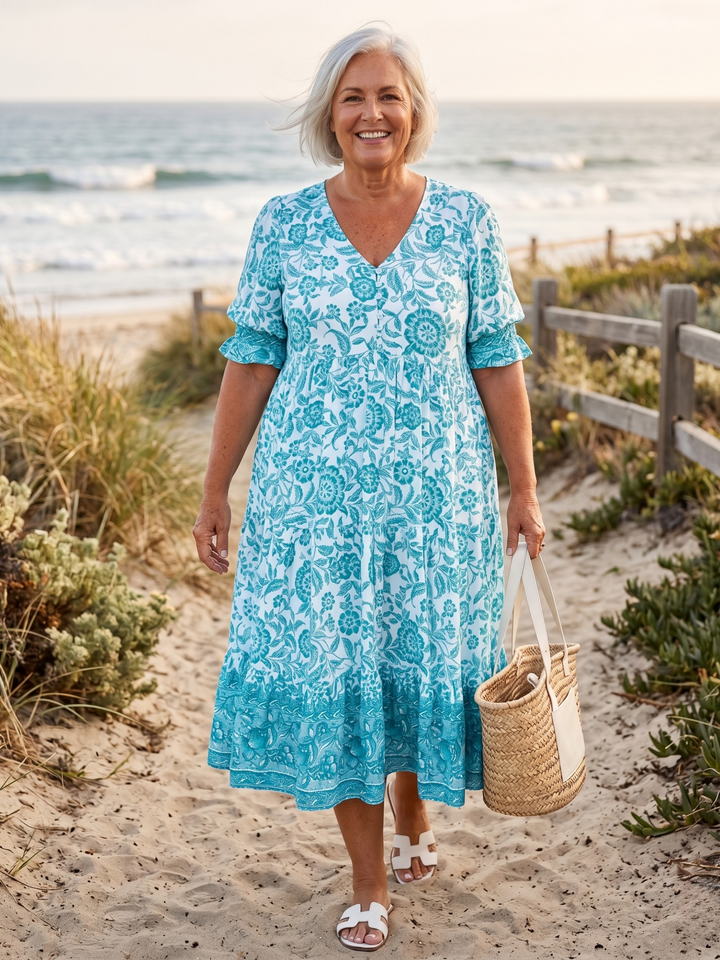 KEISHA™  - GRACEFUL V-NECK FLORAL MIDI DRESS