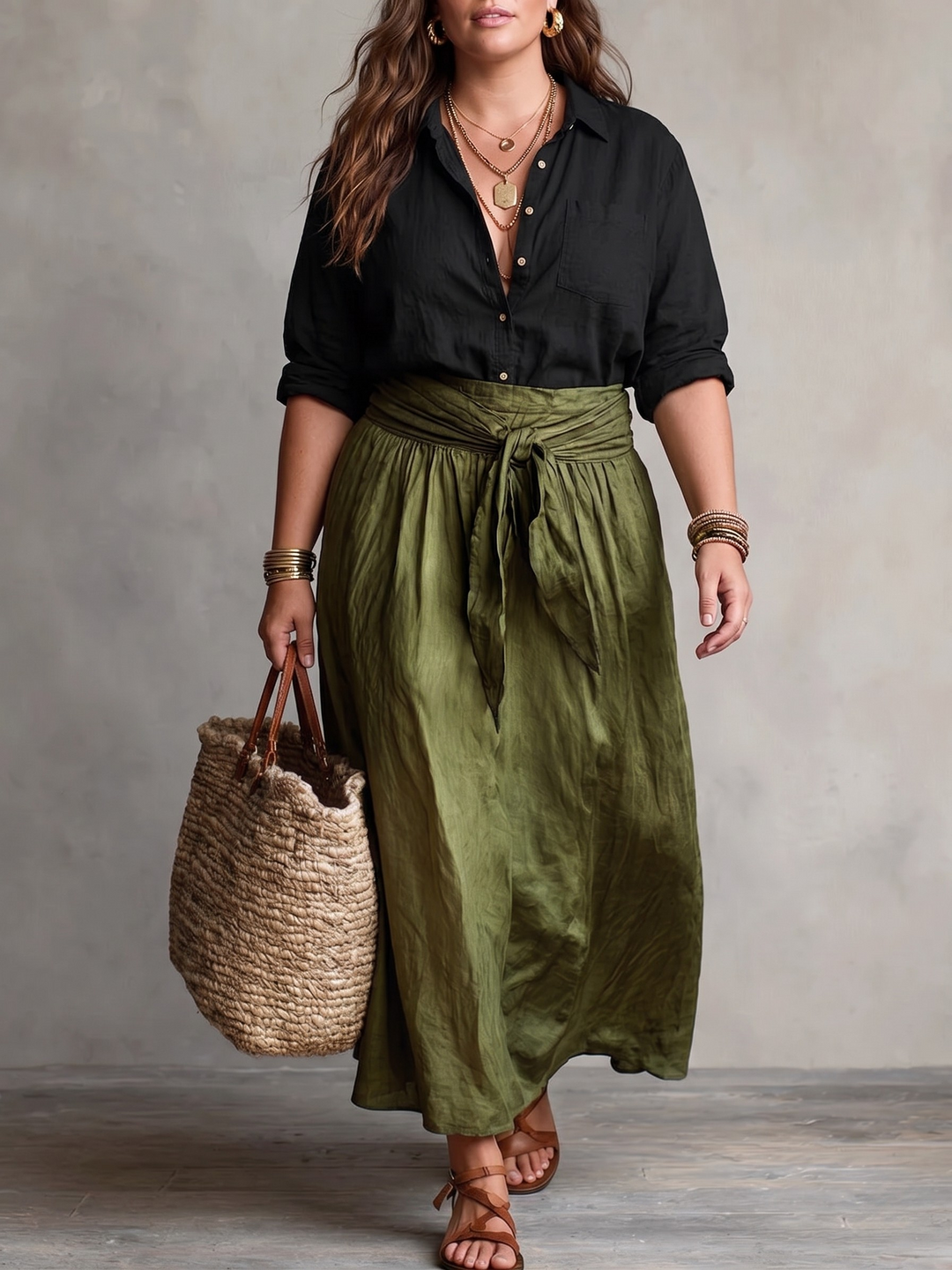 VERA™ - ELEGANT TWO-PIECE SUMMER SET: BLACK BLOUSE &amp; OLIVE SKIRT