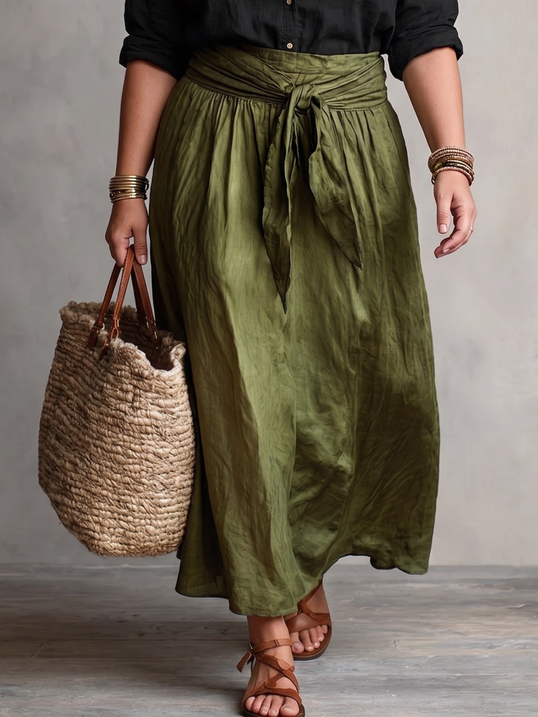 VERA™ - ELEGANT TWO-PIECE SUMMER SET: BLACK BLOUSE &amp; OLIVE SKIRT
