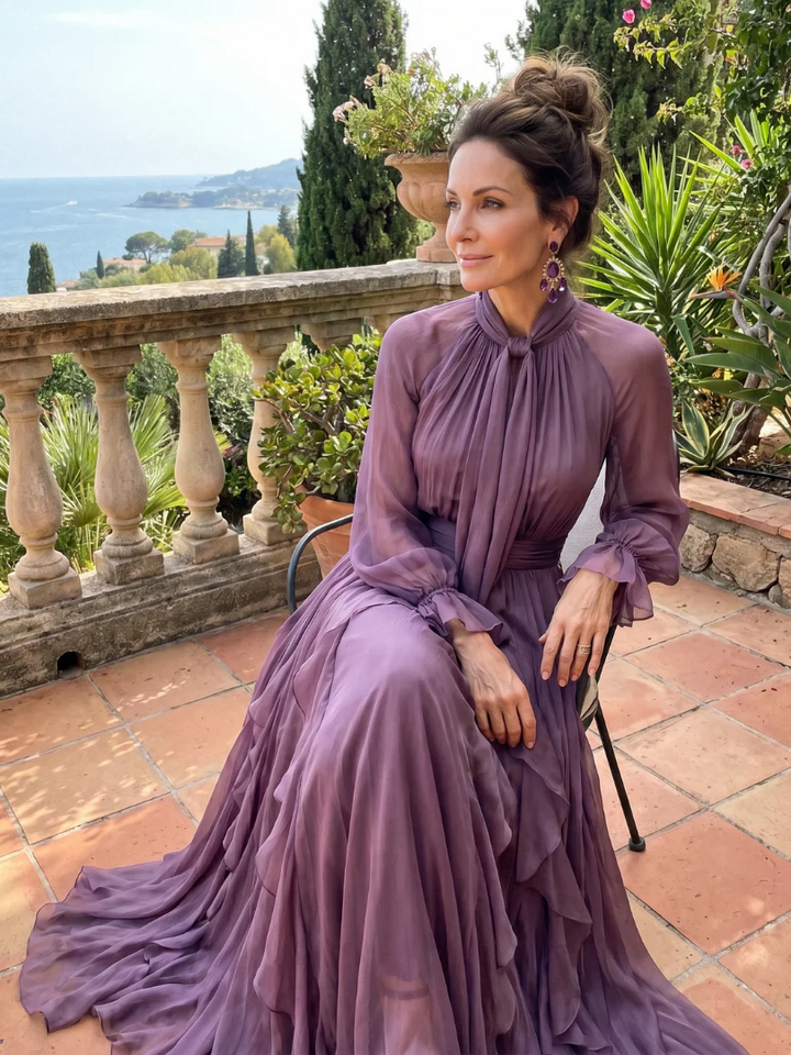 DEMETRIA™ - TIE NECK RUFFLE TIERED MAXI DRESS
