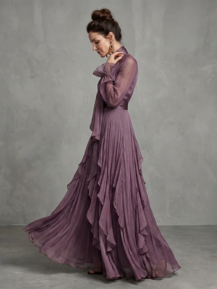 DEMETRIA™ - TIE NECK RUFFLE TIERED MAXI DRESS