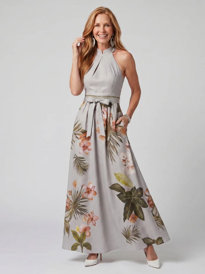 MEADOW™ - DRAPED HALTER BOTNICAL PANEL MAXI DRESS