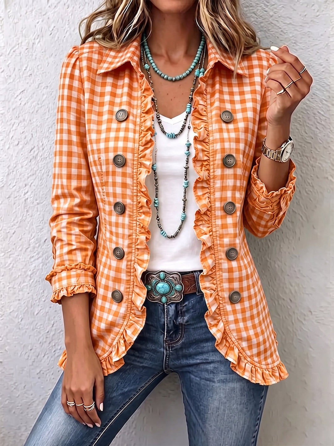 CHARLENE™ - ELEGANT RUFFLED GINGHAM JACKET