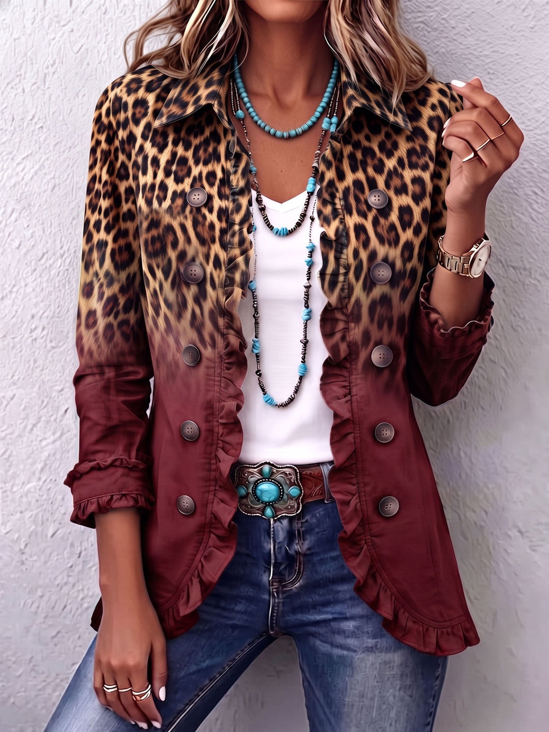 ELSPETH™ - LEOPARD RUFFLE BLAZER JACKET