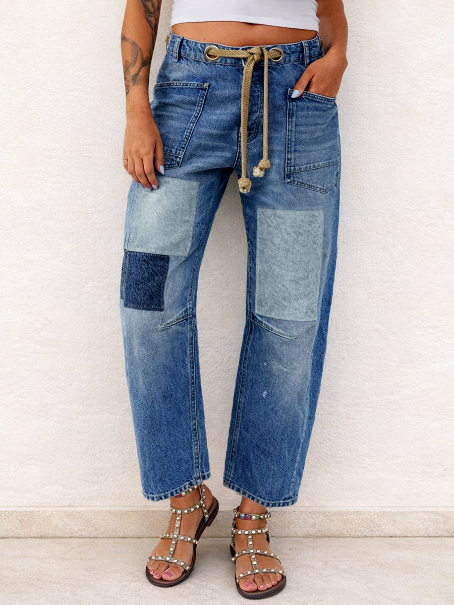 MARGARET™ - ROPE DRAWSTRING PATCHWORK JEANS